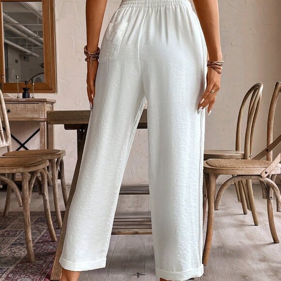 White Casual Women's Solid Color Tapered Pants - Picture 3 of 6